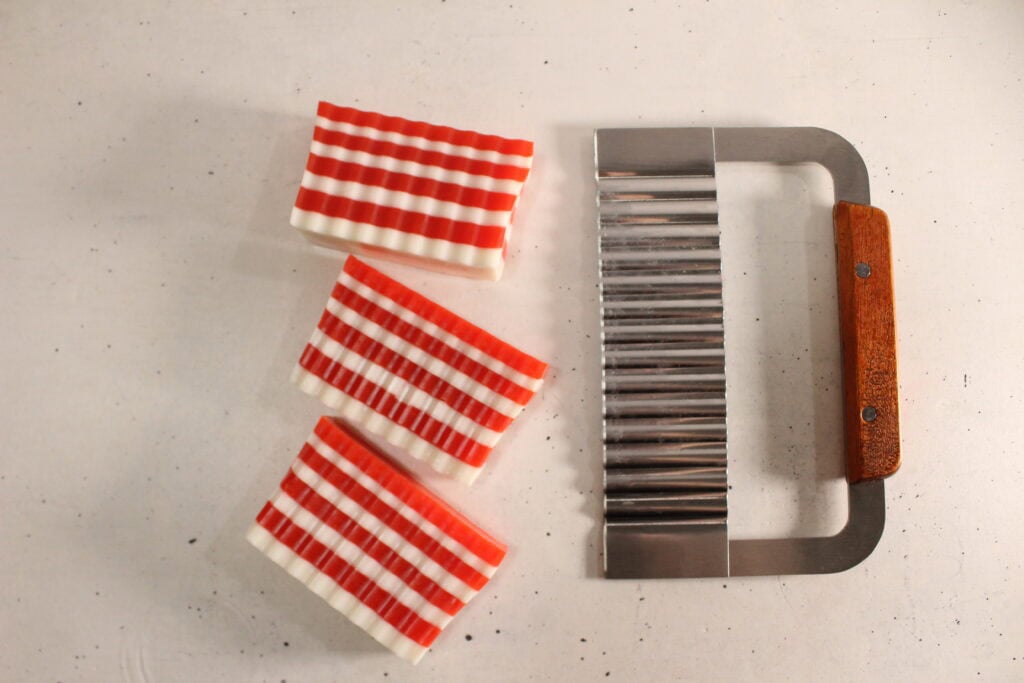 slicing up the soaps into bars