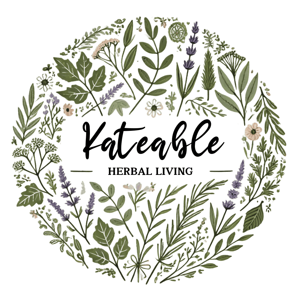 New kateable logo, herbs and flowers in a circle surrounding the words Kateable, herbal living