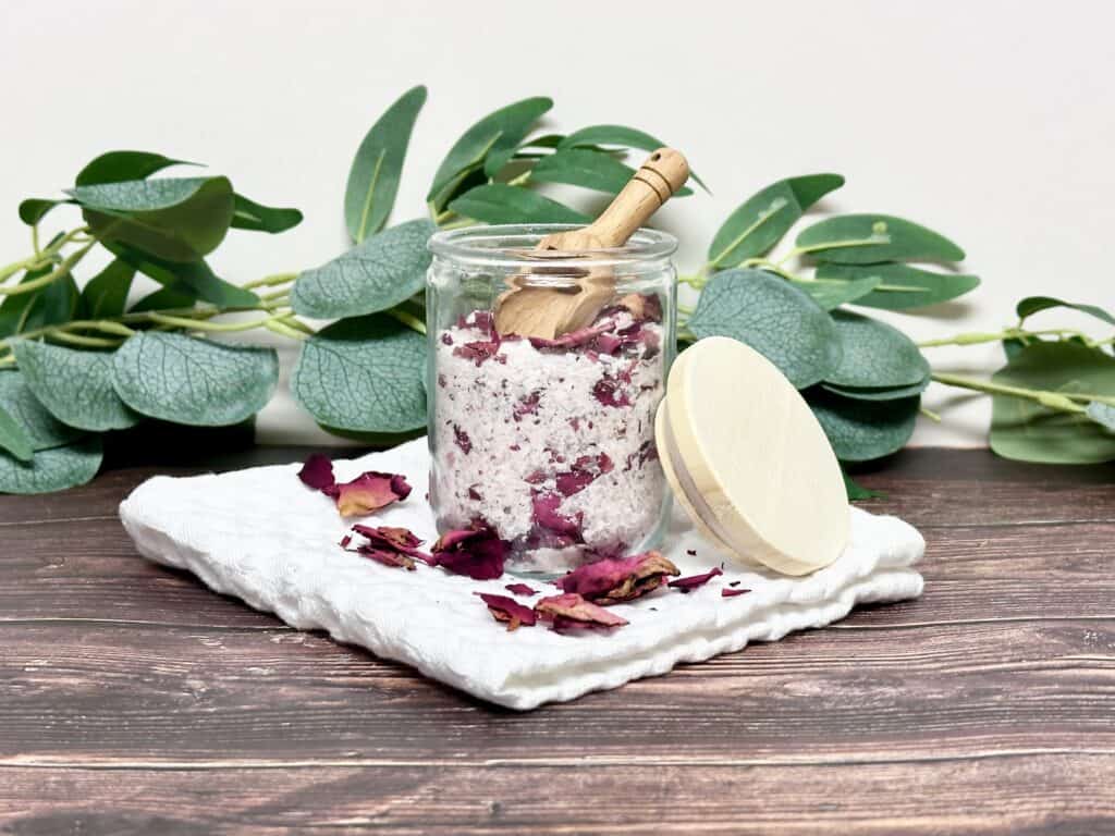 view of a jar full of rose petal bath salts