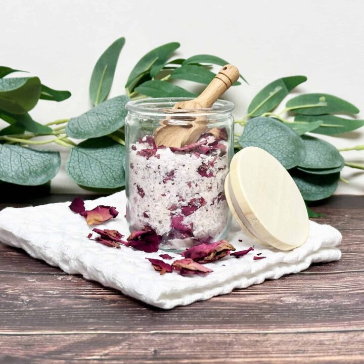 view of a jar full of rose petal bath salts