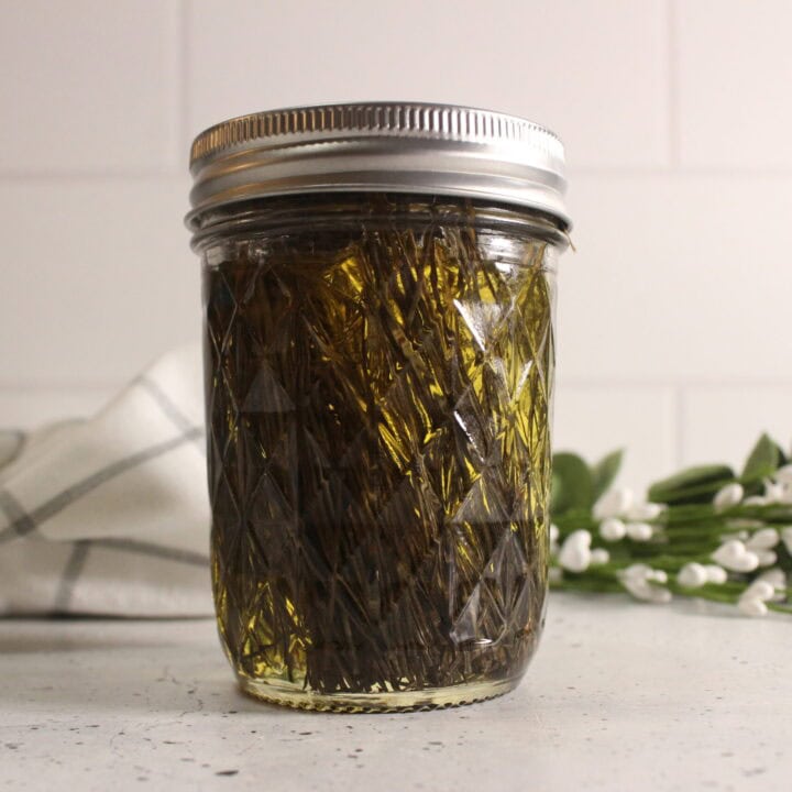 pine needle infused oil in glass jar