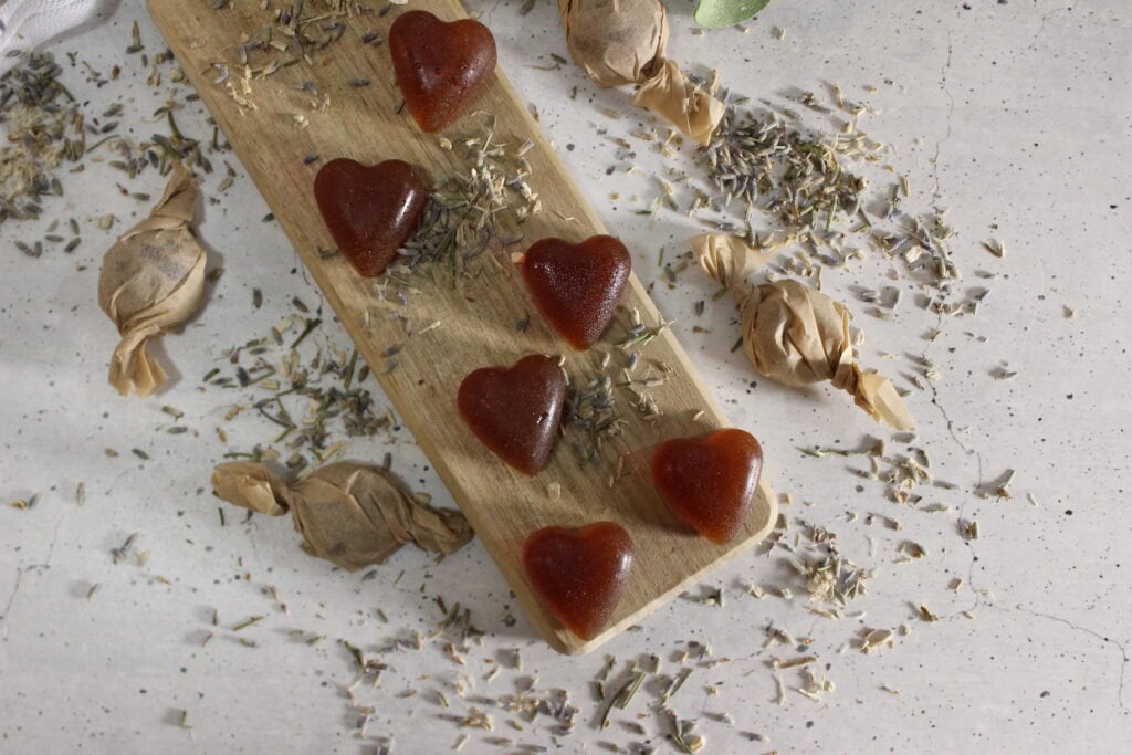 heart cough drops on cutting board