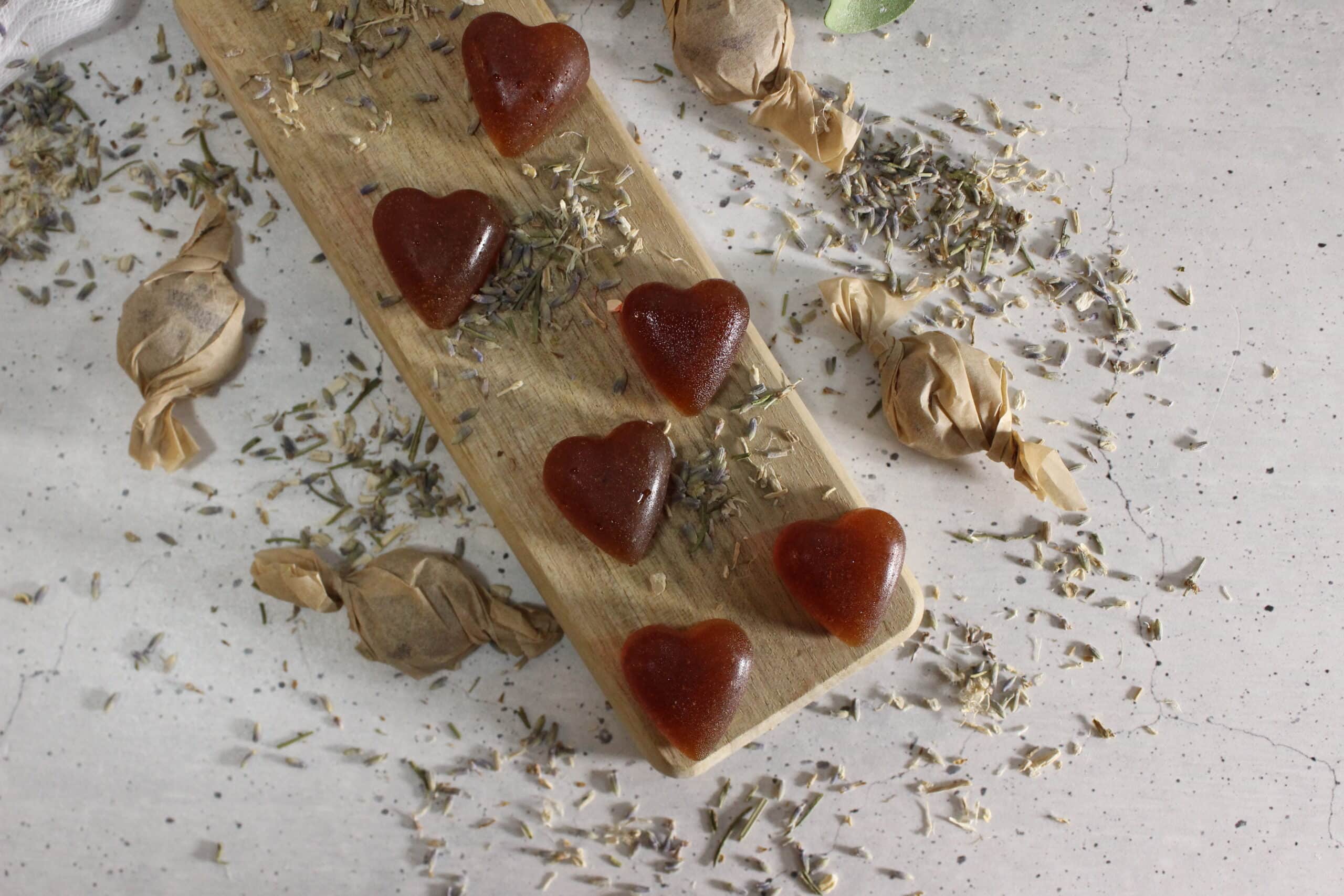 heart cough drops on cutting board
