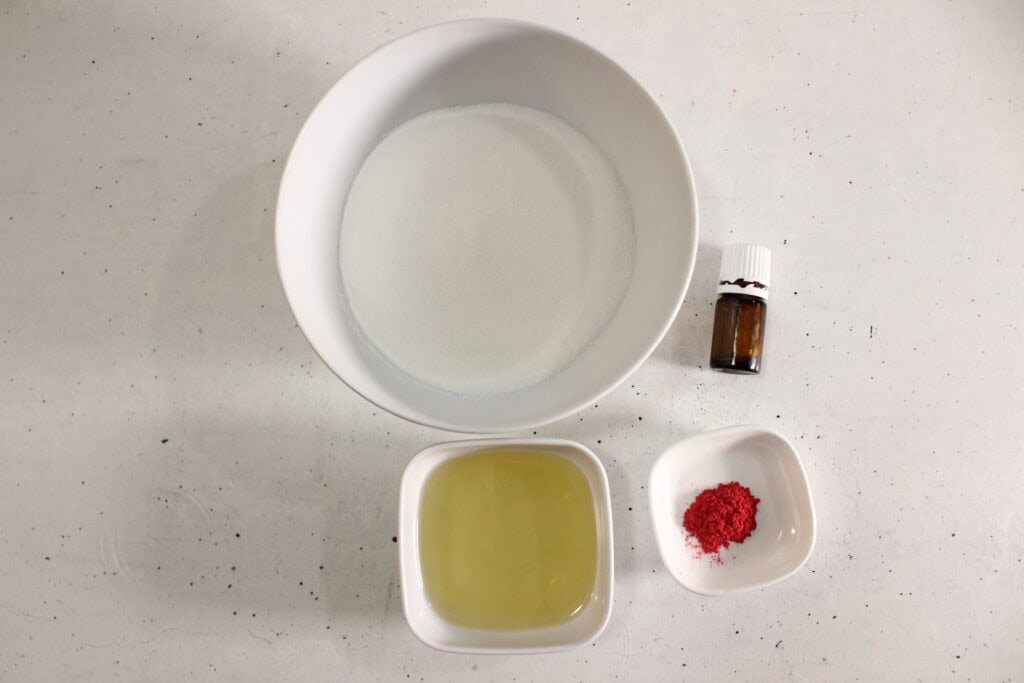 ingredients for DIY Candy Cane Sugar Scrub