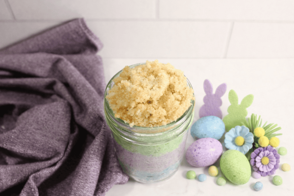 Easter Sugar Scrub Recipe in glass jar