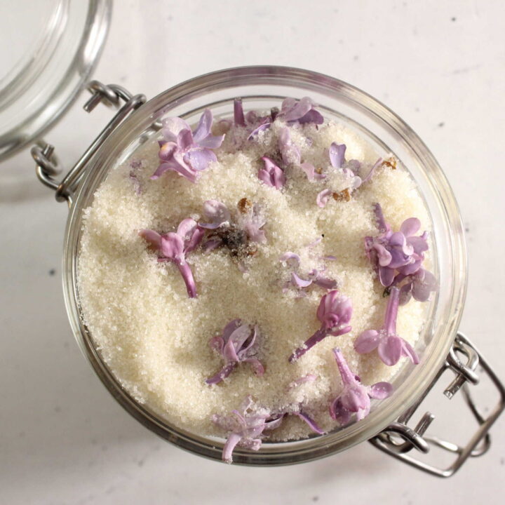 Lavender-infused sugar resting in a clamp-lid glass jar.