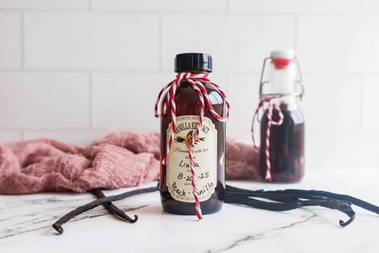 Homemade Vanilla Extract in amber bottle with bow on it