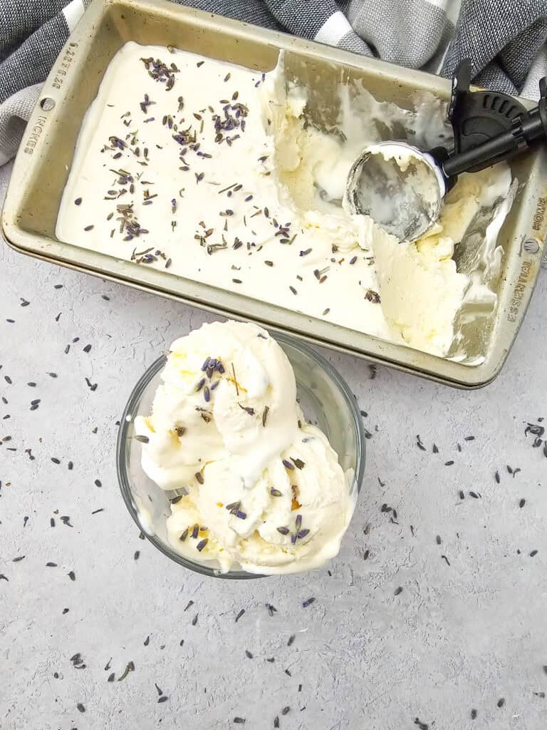 Honey Lavender Ice Cream in a bowl with lavender garnish.