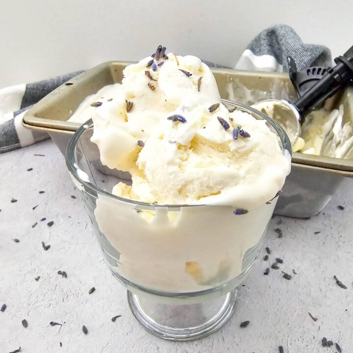 Honey Lavender Ice Cream with Fresh Lavender Garnish.