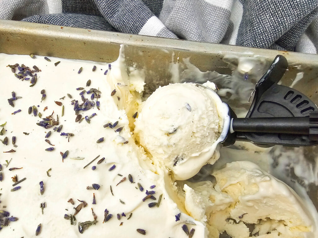 Homemade honey lavender ice cream in a metal container with lavender sprinkles on top.