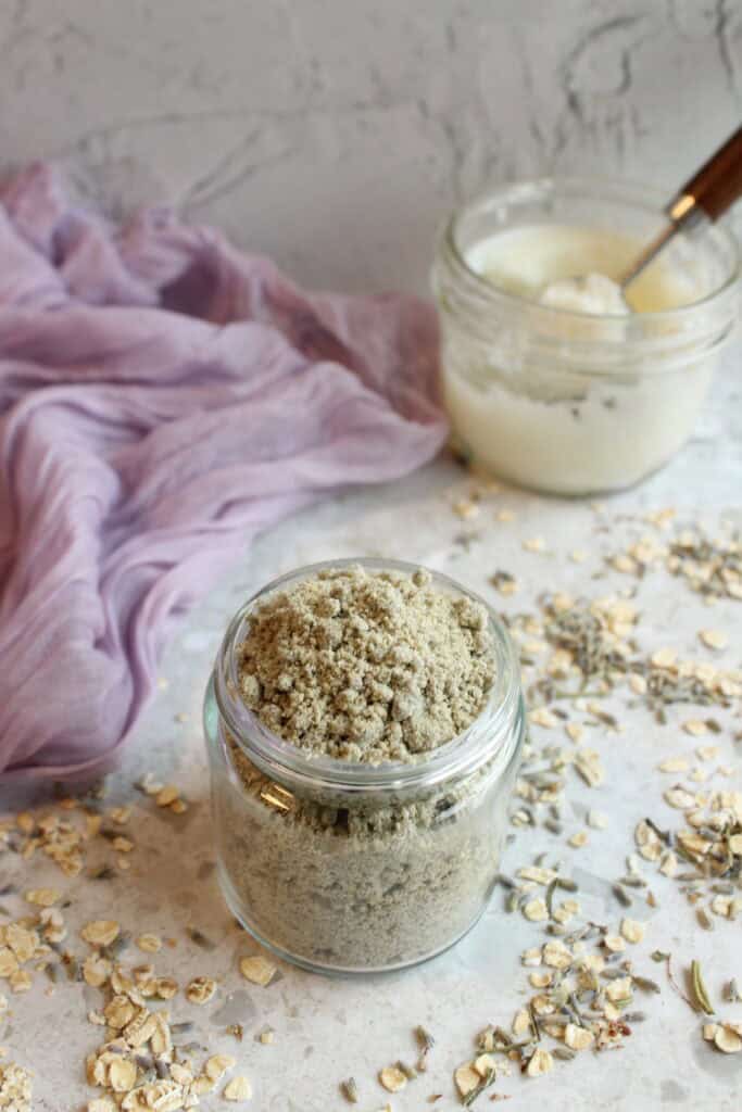 Lavender Tallow Oatmeal Face Scrub for gentle skincare and exfoliation. Natural ingredients for soft.