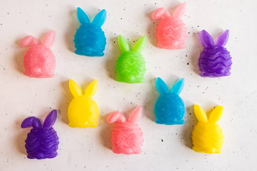 a bunch of Easter bunny soaps on the counter