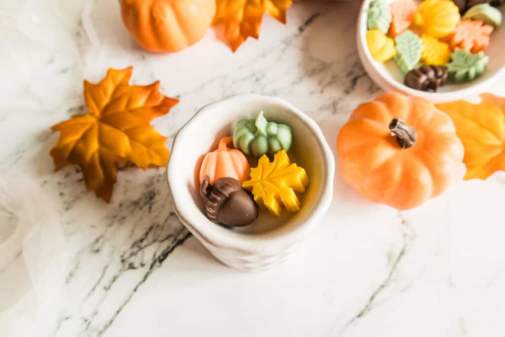 Overhead view of colorful fall-shaped wax melts in a bowl, surrounded by pumpkins and autumn leaves.