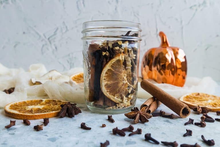 Simmer pot jar with dried orange, cloves, and cinnamon.