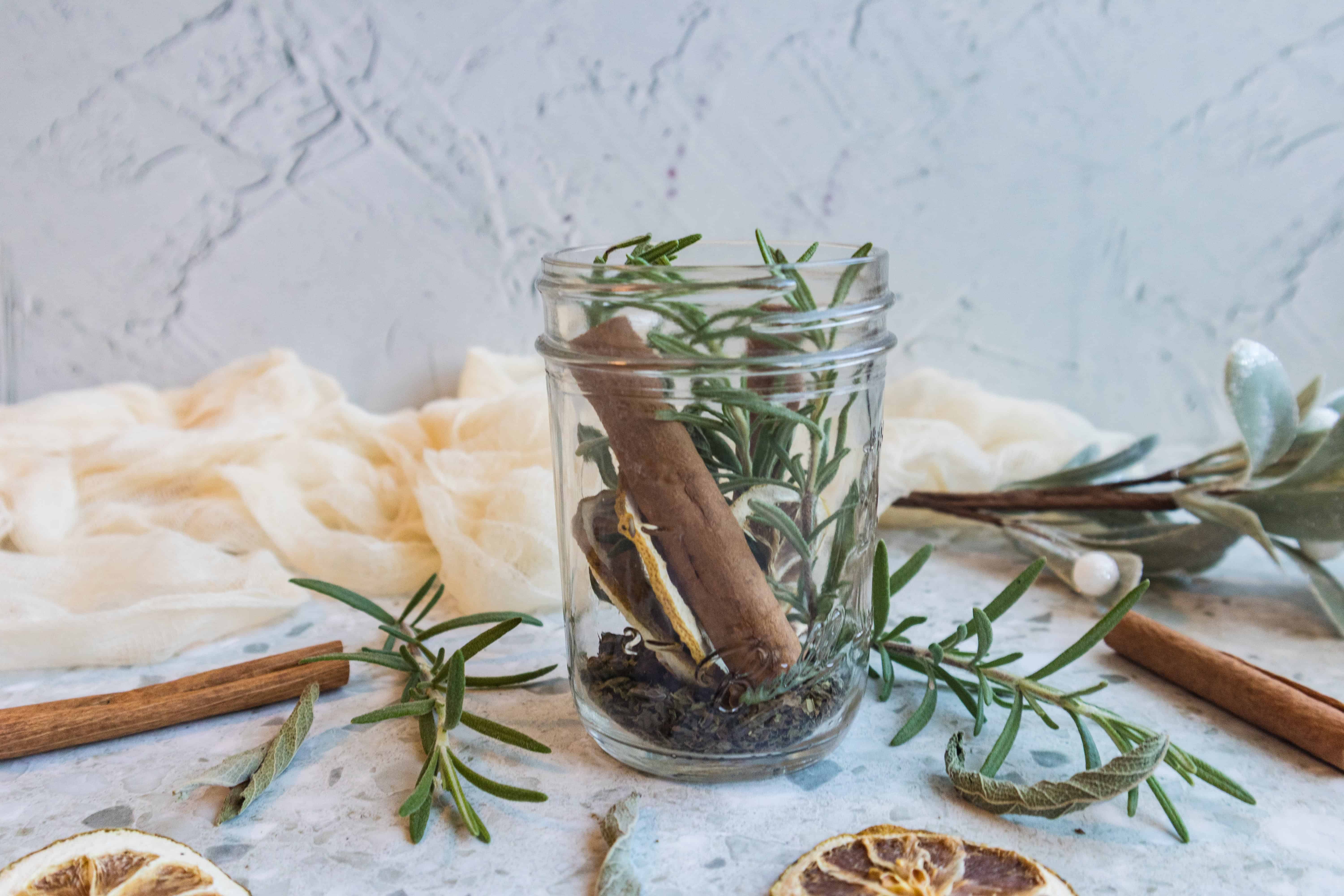 Winter woods simmer pot jar with rosemary